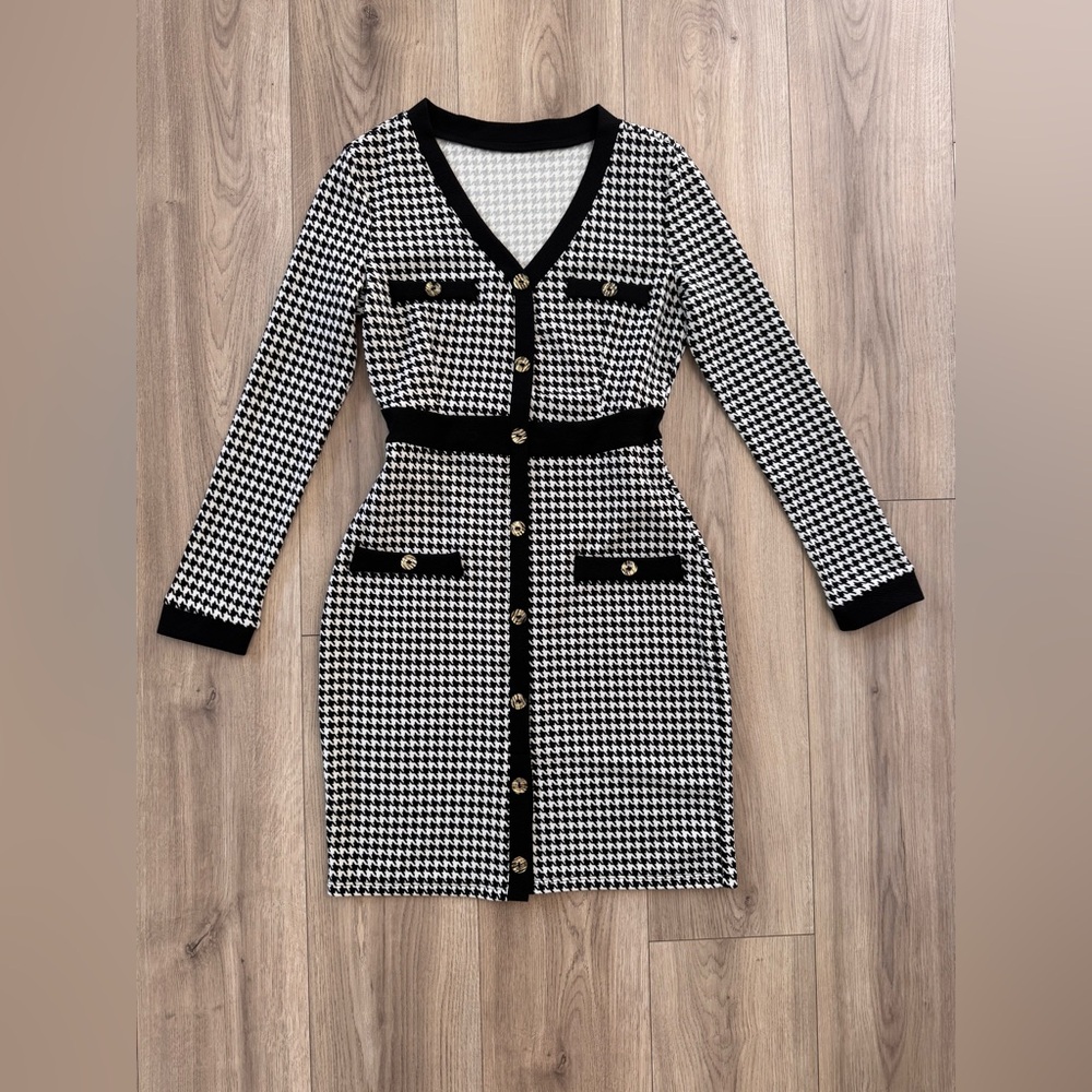 Black and White Houndstooth Cardigan Dress